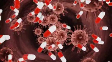 Çoklu covid-19 hücrelerine düşen ilaç ikonlarının dijital animasyonu. Coronavirus covid-19 salgın konsepti