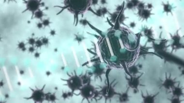 DNA yapısının dijital animasyonu mavi zemin üzerinde çoklu covid-19 hücreler üzerinde dönüyor. Coronavirus covid-19 salgın konsepti