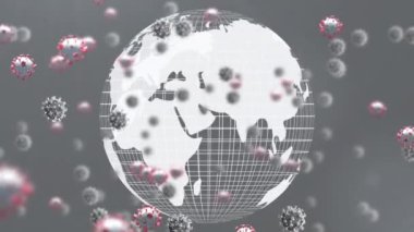 Gri arka planda dönen dünyanın üzerinde yüzen çoklu covid-19 hücrelerinin dijital animasyonu. Coronavirus covid-19 salgın konsepti