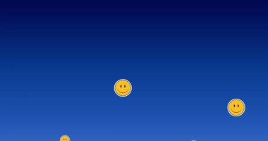 Mavi arka planda yüzen birden fazla gülen yüz emojisinin dijital animasyonu. ifade ve iletişim kavramı