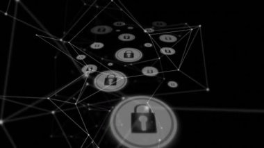 Siyah arkaplandaki çoklu güvenlik kilidi simgeleri üzerinden bağlantı ağının dijital animasyonu. küresel ağ ve siber güvenlik teknolojisi kavramı