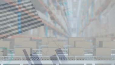 İstatistiksel veri, depoya karşı taşıyıcı banttaki birden fazla kutu üzerinde işlem yapıyor. lojistik ve ulaşım sektörü kavramı