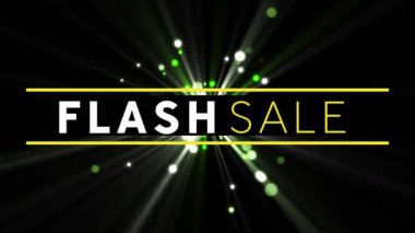 Siyah arkaplandaki yeşil ışık noktalarıyla flash-sell metin afişinin dijital animasyonu. satış indirimi ve perakende iş konsepti