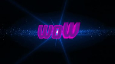 Siyah arkaplanda parlayan mavi yıldıza karşı mor wow metninin dijital animasyonu. Video oyunu arayüzü ve teknoloji kavramı