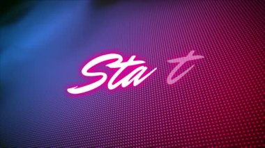 Noktalı desenli mor gradyan arkaplana karşı neon pembe başlangıç metninin dijital animasyonu. Video oyunu arayüzü ve teknoloji kavramı