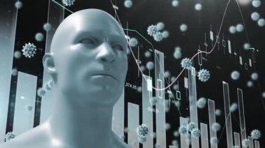 İnsan yüzü modelinin dijital animasyonu ve istatistiksel veri işlemesine karşı covid-19 hücreleri. Coronavirus covid-19 salgın konsepti