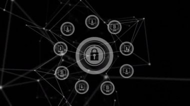 Siyah arkaplandaki çoklu güvenlik kilidi simgeleri üzerinden bağlantı ağının dijital animasyonu. küresel ağ ve siber güvenlik teknolojisi kavramı