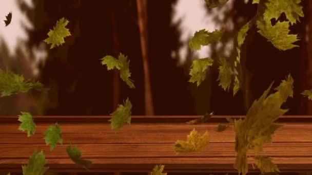 Digitale Animation Mehrerer Herbstblätter Die Über Einer Hölzernen Fläche Gegen — Stockvideo