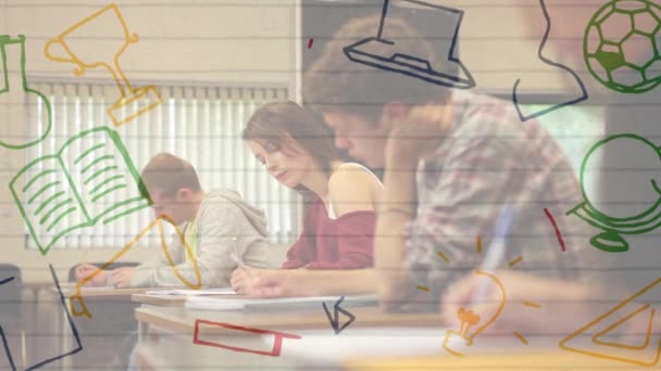 Icônes Concept École Sur Papier Blanc Doublé Contre Asiatique Étudiante — Video