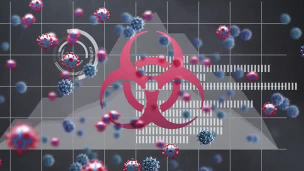 Símbolo Risco Biológico Múltiplas Células Covid Flutuando Contra Scanner Gráficos — Vídeo de Stock