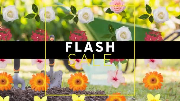 Digital Animation Flash Sale Text Banner Multiple Colorful Flowers Icons — Stock Video