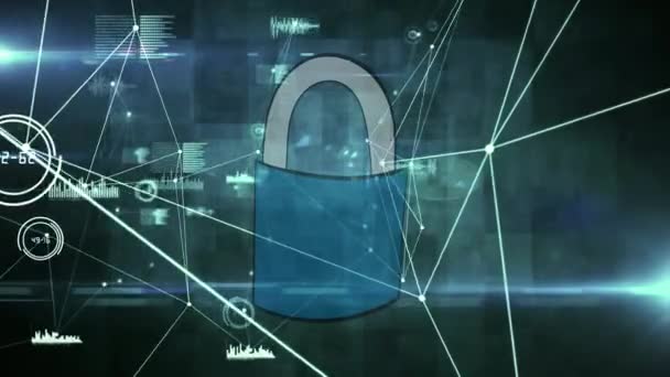 Digital Animation Network Connections Security Padlock Icon Green Background Global — Stock Video