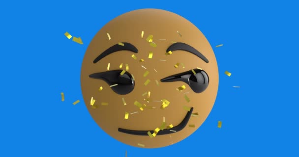 黄金のコンフェッティのデジタルアニメーションは 青の背景を背景に 暗い顔の絵文字の上に落ちる 表現とコミュニケーションの概念 — ストック動画