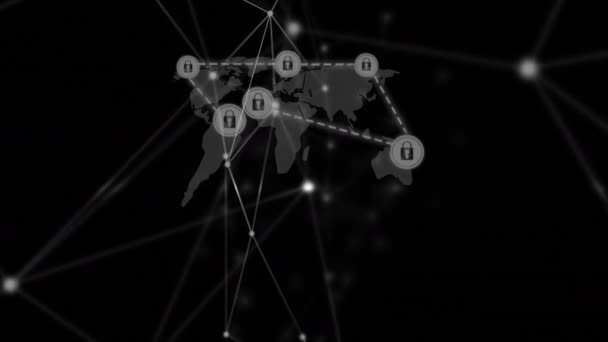 Síť Připojení Přes Síť Ikon Bezpečnostního Zámku Proti Mapě Světa — Stock video