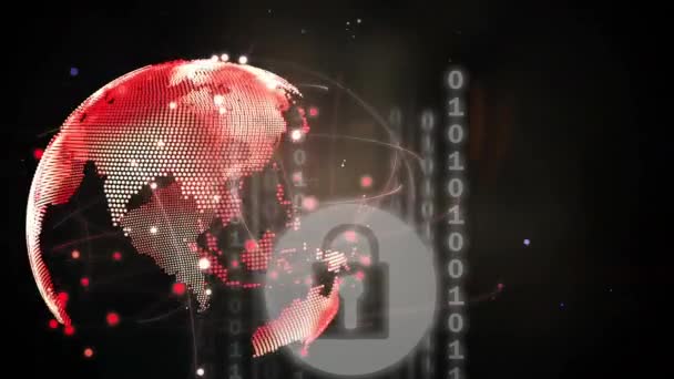 Cyfrowa Animacja Ikony Kłódki Bezpieczeństwa Ścieżkach Świetlnych Wirującej Kuli Czarnym — Wideo stockowe