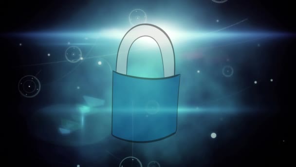 파란색 배경의 자물쇠 아이콘을 네트워크의 디지털 애니메이션 글로벌 사이버 — 비디오