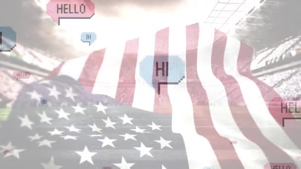 大家好 关于美国人在体育场上挥动国旗的多个演讲泡沫的文字 体育比赛及比赛概念 — 图库视频影像