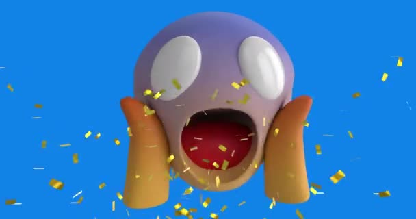 Animación Digital Confeti Dorado Cayendo Sobre Emoji Rostro Sorprendido Sobre — Vídeo de stock