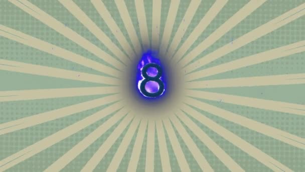 Digitale Animation Des Blauen Flammeneffekts Über Zahl Acht Gegen Radialstrahlen — Stockvideo