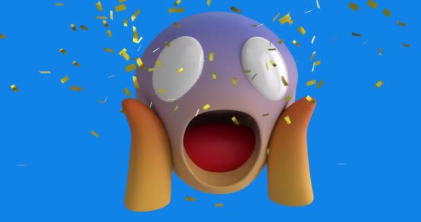 Animación Digital Confeti Dorado Cayendo Sobre Emoji Rostro Sorprendido Sobre — Vídeo de stock