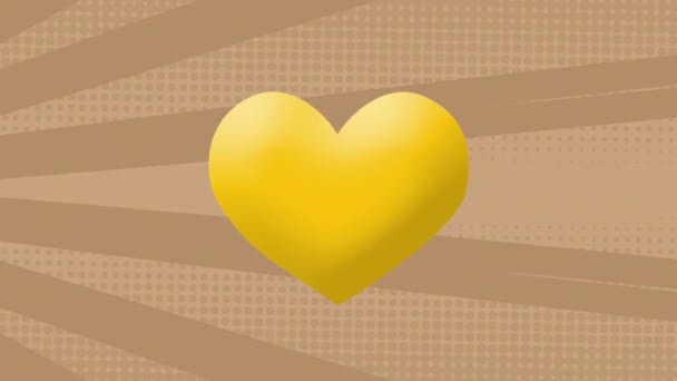 黄色心脏图标的数字动画在褐色背景下对着流动的径向射线 表达和交流概念 — 图库视频影像
