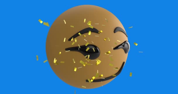 Animación Digital Confeti Dorado Cayendo Sobre Emoji Cara Sonriente Sobre — Vídeo de stock