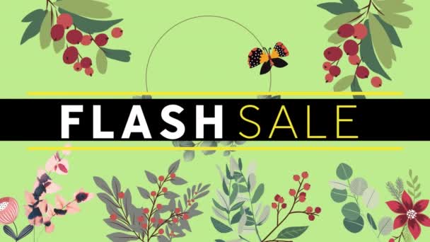 数字动画的闪光销售文字横幅与花卉设计的绿色背景 销售折扣和零售业务概念 — 图库视频影像