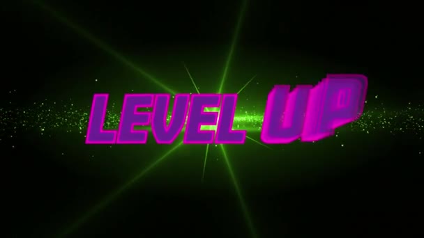 背景に緑の輝く星に対する紫色のレベルアップテキストのデジタルアニメーション ビデオゲームインターフェースとテクノロジーの概念 — ストック動画