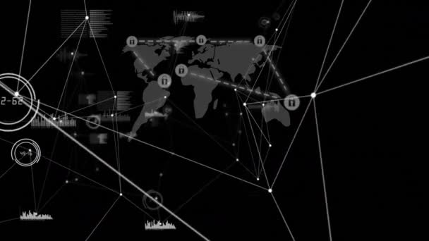 Sieć Połączeń Przez Sieć Ikon Kłódki Bezpieczeństwa Mapie Świata Czarnym — Wideo stockowe