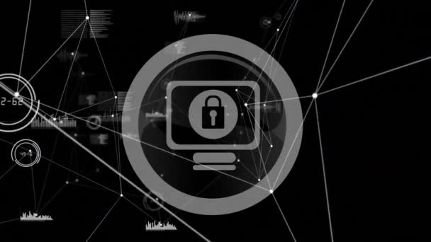Cyfrowa Animacja Sieci Połączeń Poprzez Ikonę Blokady Bezpieczeństwa Czarnym Tle — Wideo stockowe