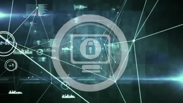黒の背景にセキュリティ南京錠のアイコン上の接続のネットワークのデジタルアニメーション グローバルなネットワークとサイバーセキュリティ技術の概念 — ストック動画