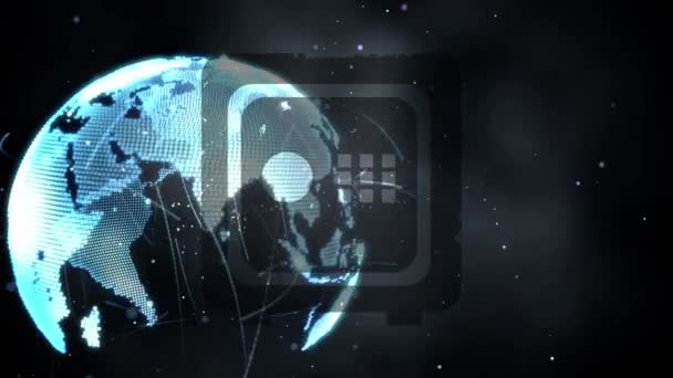 Cyfrowa Animacja Ikony Skarbca Nad Ścieżkami Świetlnymi Wirującym Kuli Czarnym — Wideo stockowe