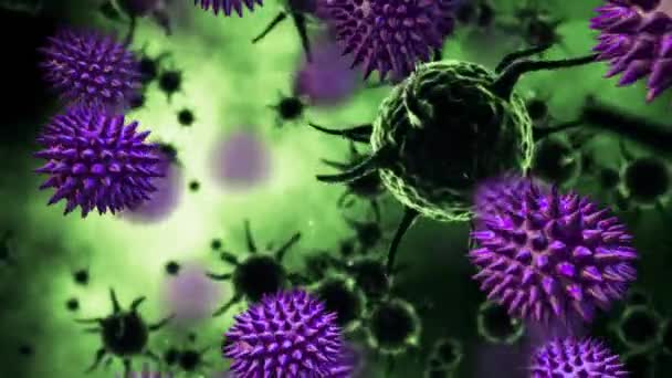 多个Covid 19细胞在绿色背景下漂浮和旋转的数字动画 Coronavirus Covid 19大流行病概念 — 图库视频影像