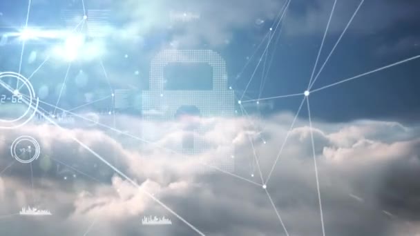 Animazione Digitale Rete Connessioni Sopra Icona Lucchetto Sicurezza Contro Nuvole — Video Stock