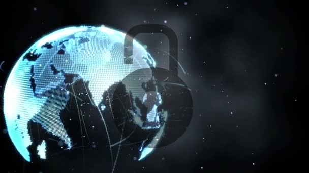 黒の背景に回転する地球上の光の歩道上のセキュリティ南京錠アイコンのデジタルアニメーション グローバルなネットワークとサイバーセキュリティ技術の概念 — ストック動画