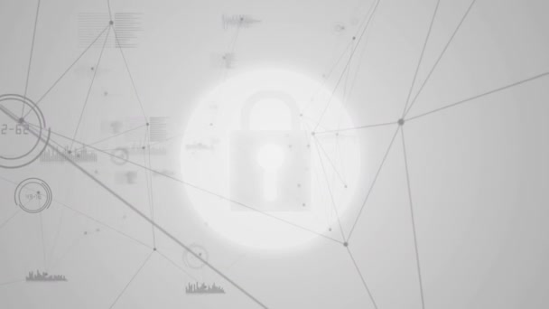 Animazione Digitale Rete Connessioni Icona Lucchetto Sicurezza Sfondo Grigio Concetto — Video Stock