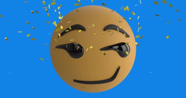 Digital Animation Golden Confetti Falling Smirk Face Emoji Blue Background — Stock Video