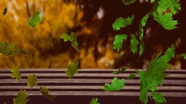 Animation Numérique Plusieurs Feuilles Automne Flottant Sur Surface Bois Contre — Video