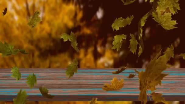 Цифрова Анімація Декількох Осінніх Листя Плавають Над Дерев Яною Поверхнею — стокове відео