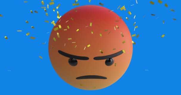 Digital Animation Golden Confetti Falling Angry Face Emoji Blue Background — Stock Video