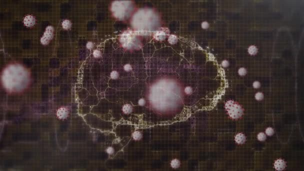 人間の脳の上に浮かんでいる複数のCovid 19細胞のデジタルアニメーションが黒い背景で回転しています コロナウイルスCovid 19パンデミックの概念 — ストック動画
