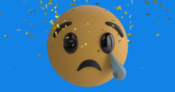 Digital Animation Golden Confetti Falling Crying Face Emoji Blue Background — Stock Video