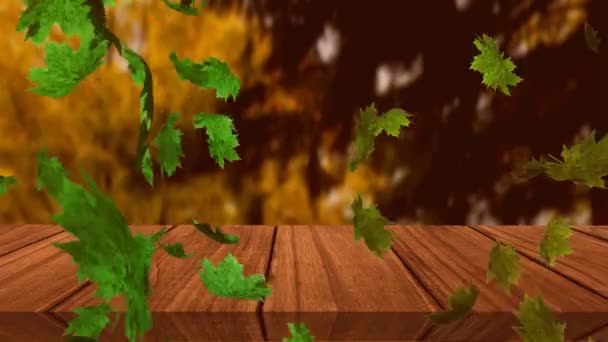 多年秋的数字动画 树叶飘过木制表面 映衬着森林 秋季季节概念 — 图库视频影像