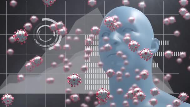 Animação Digital Múltiplas Células Covid Sobre Modelo Face Humana Contra — Vídeo de Stock