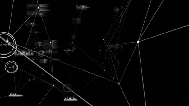 接続のネットワークと黒の背景に対するデータ処理のデジタルアニメーション 世界的なネットワーキングとテクノロジーの概念 — ストック動画