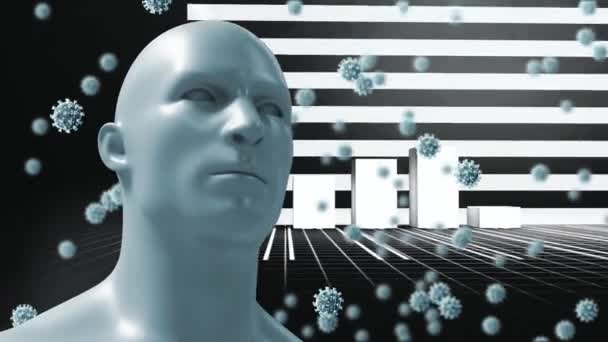 Digitale Animation Mehrerer Covid Zellen Die Über Dem Menschlichen Gesichtsmodell — Stockvideo