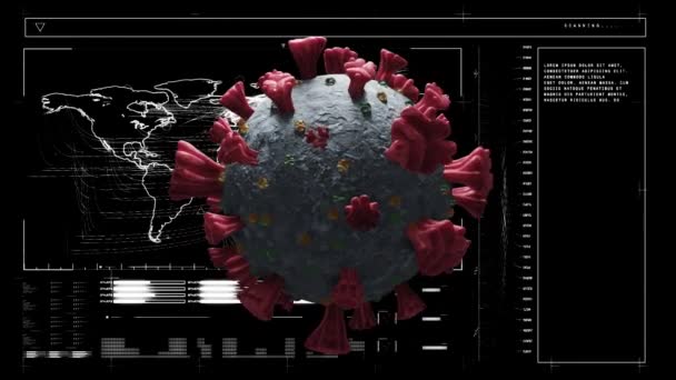 Siyah Arkaplanda Veri Işleme Ile Dijital Arayüz Üzerinde Covid Hücrenin — Stok video
