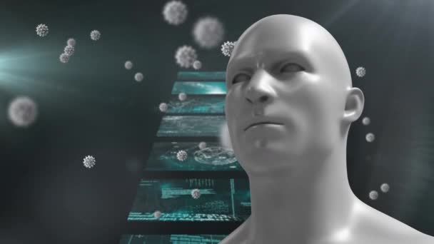 多个Covid 19细胞漂浮在人脸模型上 与具有数据处理功能的屏幕相对照 Coronavirus Covid 19大流行病概念 — 图库视频影像
