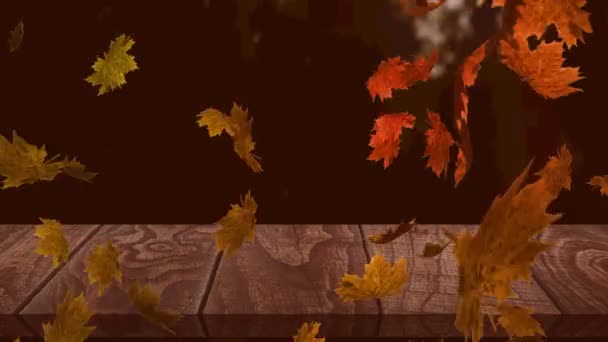 Цифровая Анимация Нескольких Осенних Листьев Плавающих Над Деревянной Поверхностью Против — стоковое видео