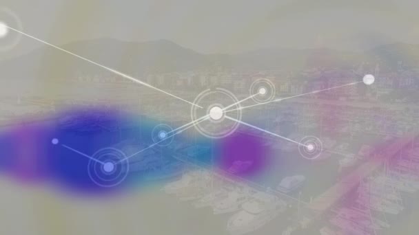 Цифровий Склад Мережі Язків Проти Повітряного Вигляду Міського Пейзажу Концепція — стокове відео